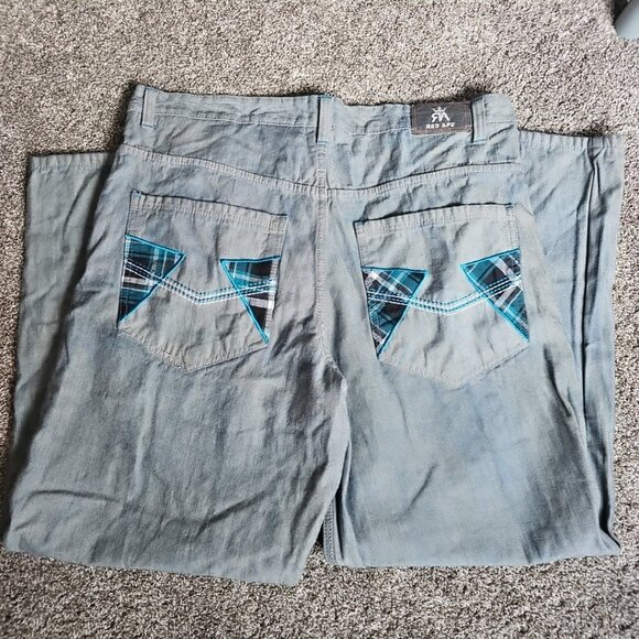 Red Ape Denim Size 44x34 Gray and Blue Plaid Y2K Style Causal Hip-Hop Jeans - Picture 1 of 12